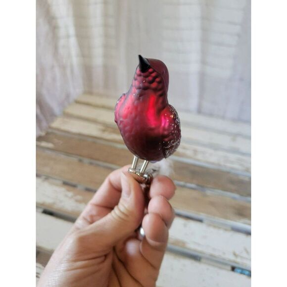 Red Cardinal Glass bird clip-on ornament feathered Xmas tree - Picture 3 of 6
